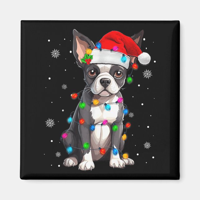 Aimant Chapeau de Noël de Père Noël de Boston Terrier (Devant)