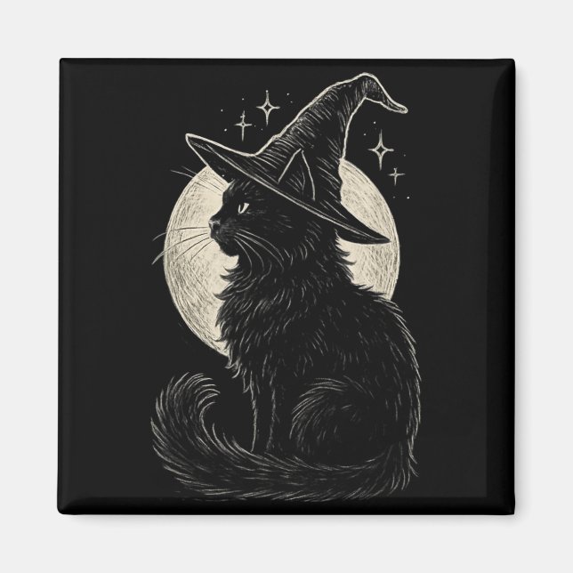 Aimant Chapeau de sorcière chat noir mignon rétro coquett (Devant)