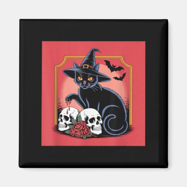 Aimant Chapeau de sorcière de chat noir crânes roses chau (Devant)