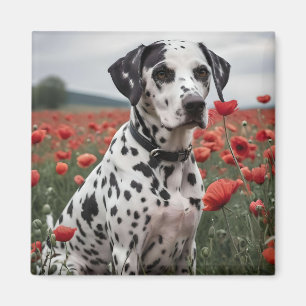 Aimant Charmant Chien De Dalmation Dans Le Champ De Pavot