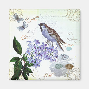 Aimant Charming Vintage Français Bird Texte Floral Collag