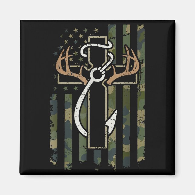 Aimant Chasse Pêche Foi Bois de Cerf Croix Hameçon Chri (Devant)