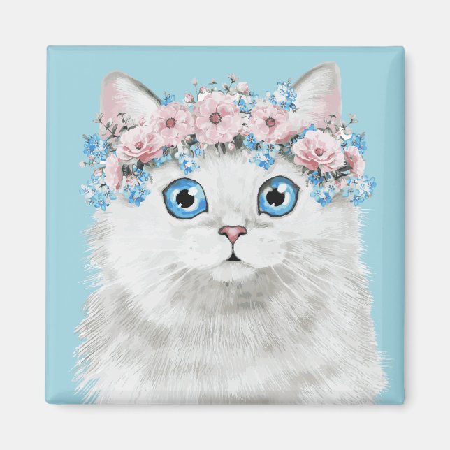Aimant Chat à fleurs blanc doux (Devant)