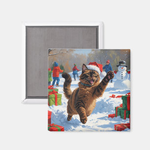 Aimant Chat abyssin Scène de Noël enneigée festive