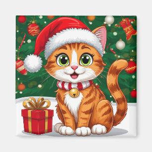 Aimant Chat adorable avec un chapeau de Père Noël et un c