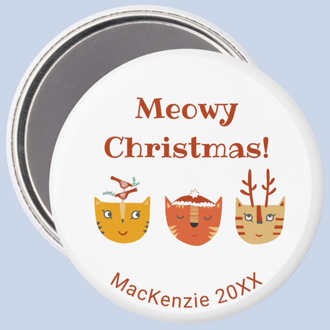 Aimant Chat amusant Noël personnalisé (Fun kitty cat Meowy Christmas personalized name year magnet)