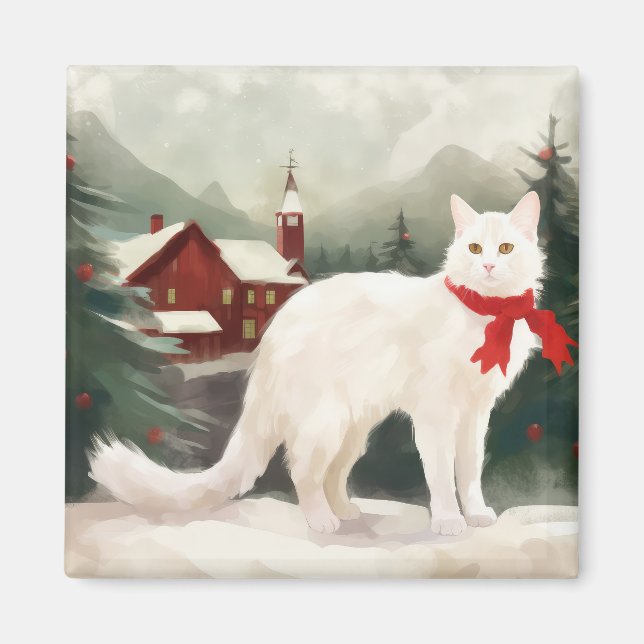 Aimant Chat angora turc à Noël sous la neige (Devant)