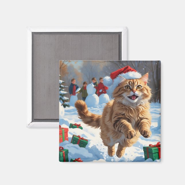 Aimant Chat Angora Turc courant dans la neige avec un cha (Recto/Verso)