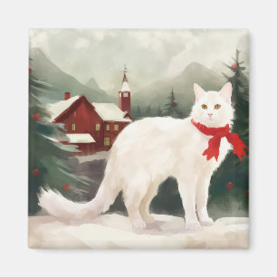 Aimant Chat Angora turc en Noël de neige