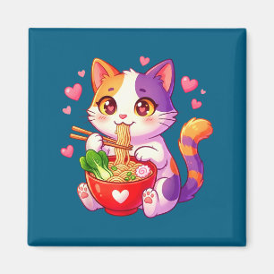 Aimant Chat Anime Mangeant des Nouilles Ramen Avec des Cœ