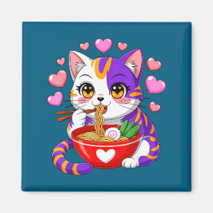 Aimant Chat Anime Mangeant des Nouilles Ramen Avec des Cœ