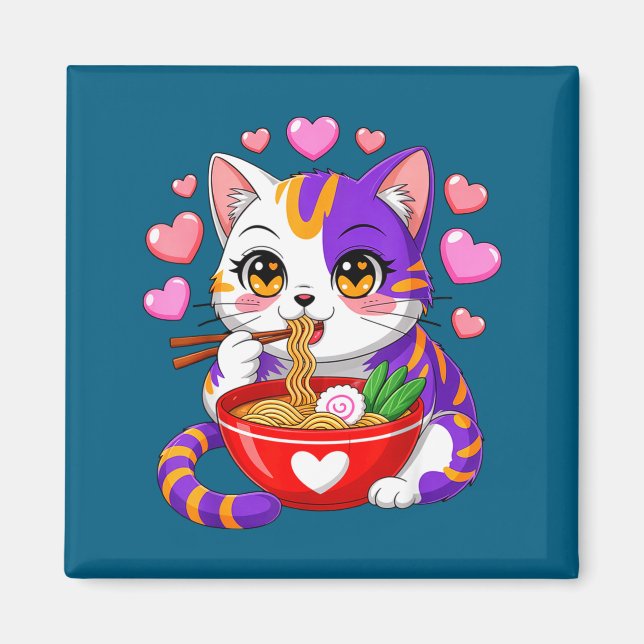 Aimant Chat Anime Mangeant des Nouilles Ramen Avec des Cœ (Devant)