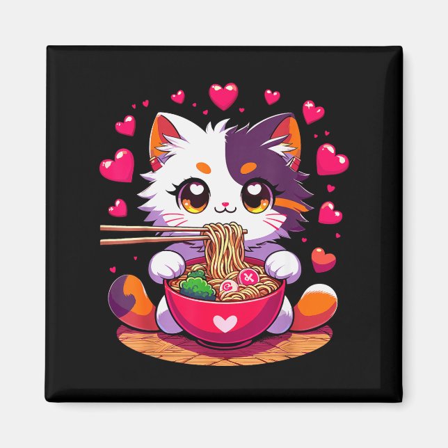 Aimant Chat Anime Mangeant Des Nouilles Ramen Avec Des Cœ (Devant)