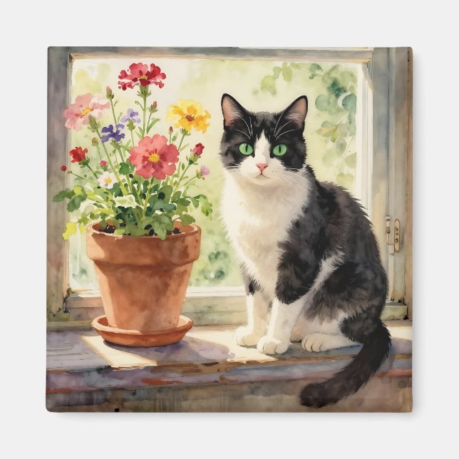 Aimant Chat aquarelle et fleurs sur appui de fenêtre (Devant)