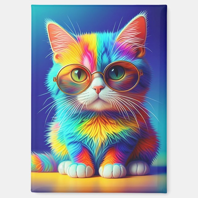 Aimant Chat Arc-en-ciel avec Lunettes (Recto)