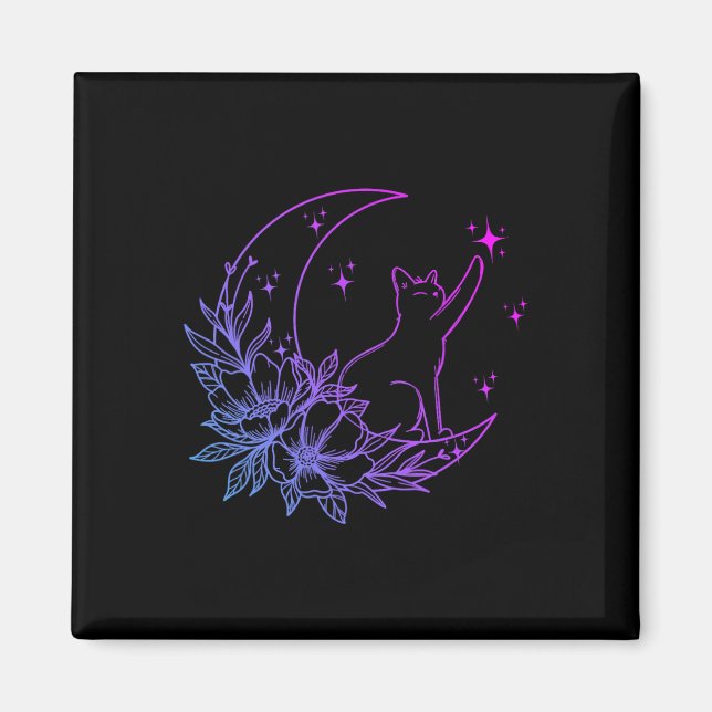 Aimant Chat Assis Sur Crescent Lune Fleurs Étoiles Femmes (Devant)