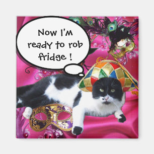 AIMANT CHAT AVEC CASQUETTE HARLEQUIN ET MASQUERADE DE FÊT
