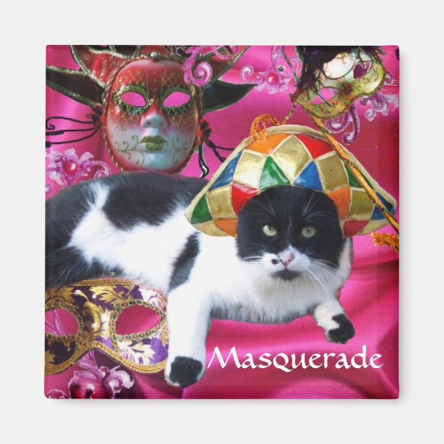 AIMANT CHAT AVEC CASQUETTE HARLEQUIN ET MASQUERADE DE FÊT (Devant)