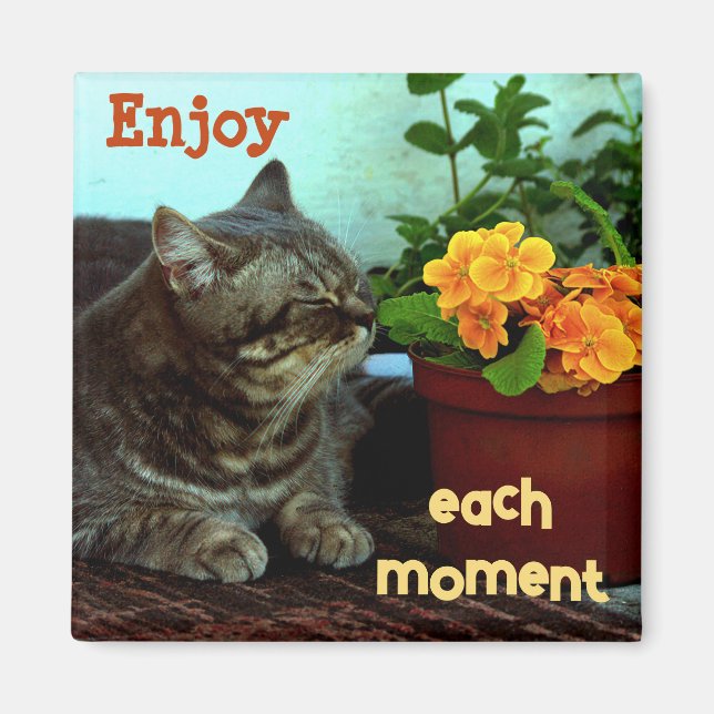 Aimant Chat avec Fleurs/Profitez de chaque instant (Devant)