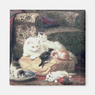 Aimant Chat avec ses chatons sur un coussin