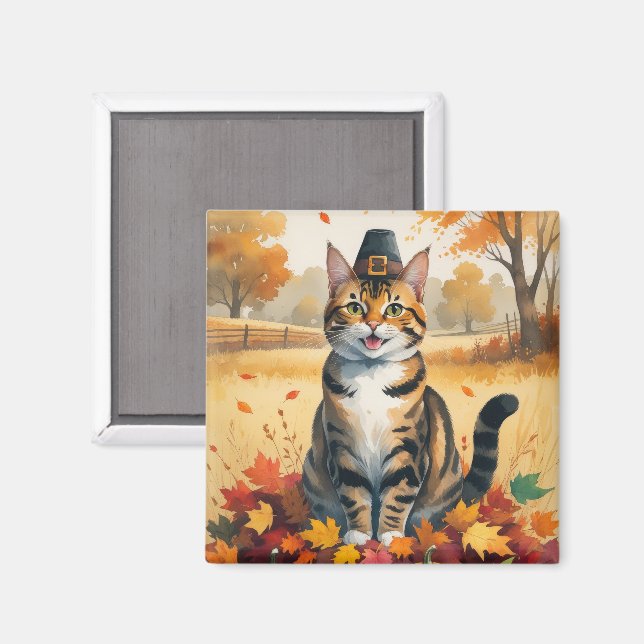 Aimant Chat Bengal dans l'art de Thanksgiving aux feuille (Recto/Verso)