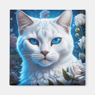 Aimant Chat blanc aux yeux bleu clair Floral