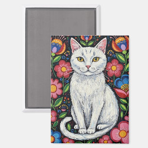 Aimant Chat blanc dans des fleurs colorées d'art populair
