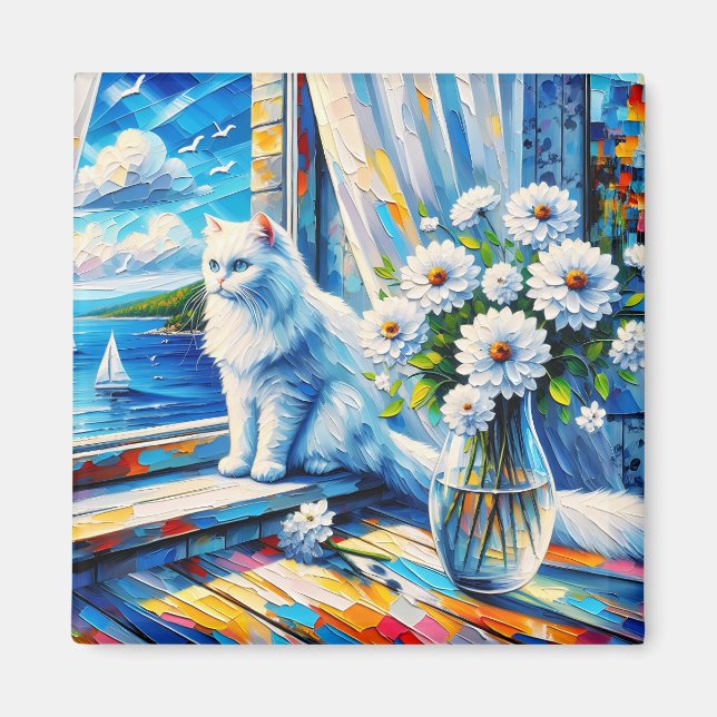 Aimant Chat blanc dans le rebord de fenêtre Vue sur l'océ (Devant)