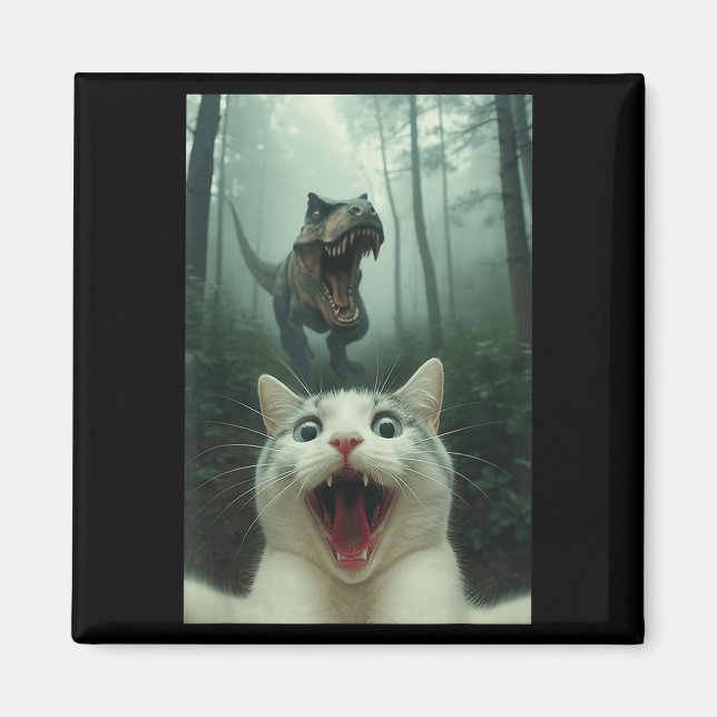 Aimant Chat Blanc Drôle Selfie Avec T-rex Dinosaure, Chat (Devant)