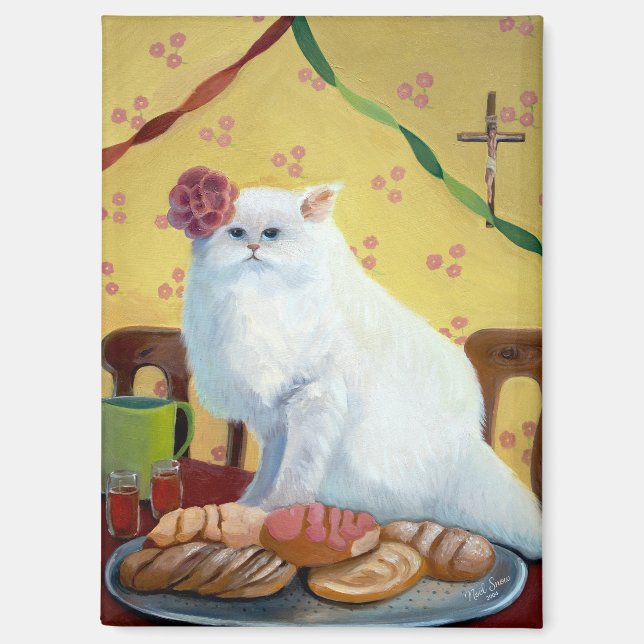 Aimant Chat blanc inspiré de l'art populaire mexicain (Recto)