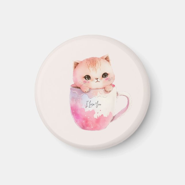 Aimant Chat blanc-rose mignonne dans une tasse de thé (2) (Devant)