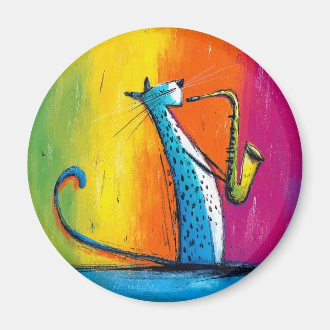 Aimant Chat bleu jouant du saxophone (Devant)