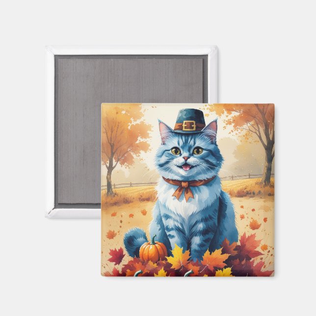 Aimant Chat Bleu Oriental Dans Feuilles D'automne De Reme (Recto/Verso)