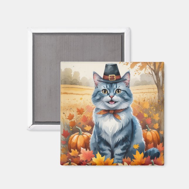 Aimant Chat Bleu Russe  Art de feuilles d'automne de Than (Recto/Verso)