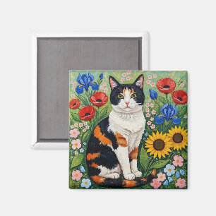 Aimant Chat calicot et tournesols d'art populaire