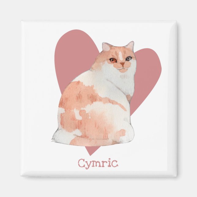 Aimant Chat Cymric Aquarelle Kitty Coeur rose (Devant)