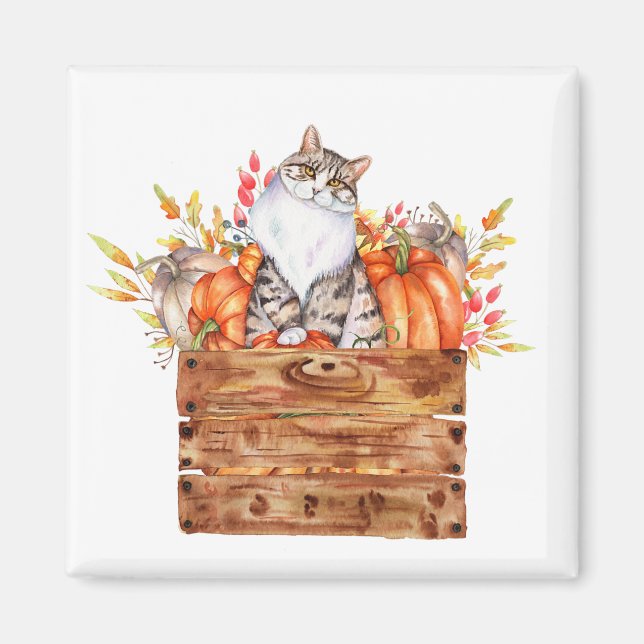 Aimant Chat d'automne et citrouilles dans une boîte  (Devant)