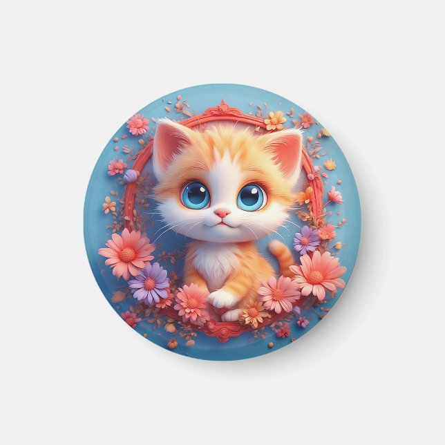 Aimant Chat de dessin animé adorable entouré de fleurs co (Devant)