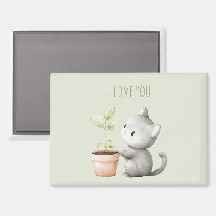 Aimant Chat de jardin avec plante Je t'aime