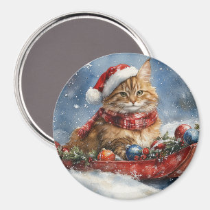 Aimant Chat de Maine Coon en sledge Laisser neiger Noël