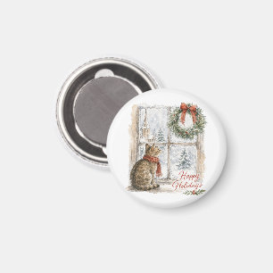 Aimant Chat de Noël à la fenêtre avec couronne