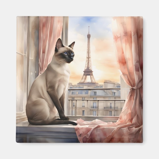 Aimant Chat de Siamese Relaxant sur la Fenêtre Parisienne (Devant)