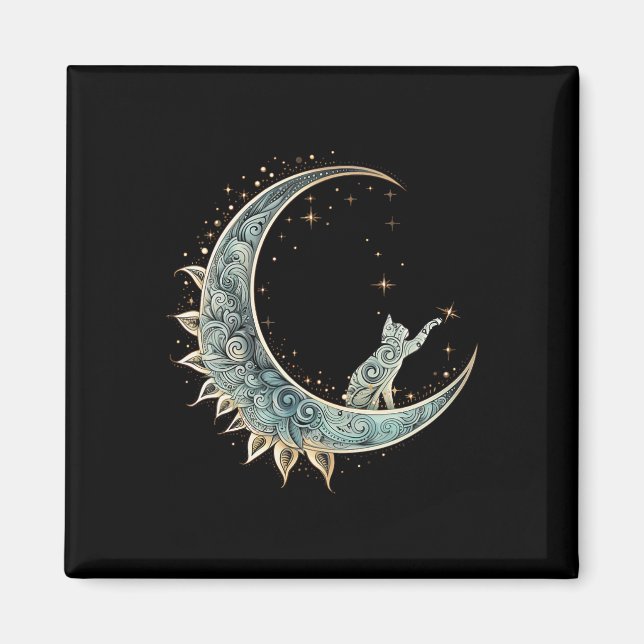 Aimant Chat D'Esthétique Mystique Assis Sur Crescent Moon (Devant)