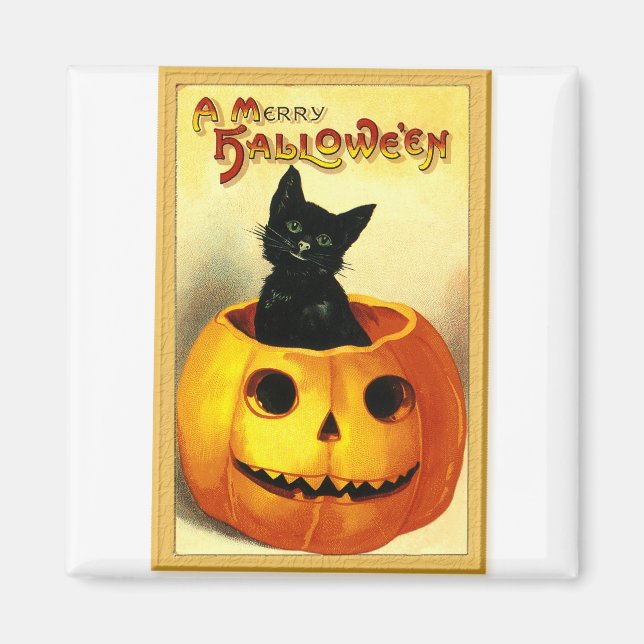 Aimant Chat d'Halloween assis dans une citrouille lumineu (Devant)