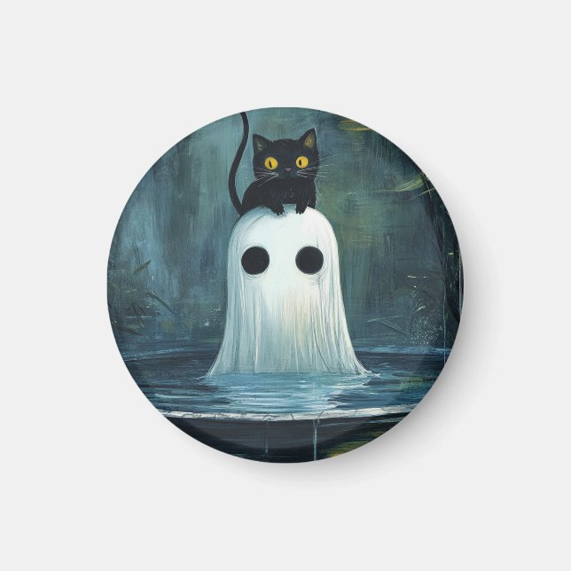 Aimant Chat d'Halloween et fantôme dans la piscine (Devant)