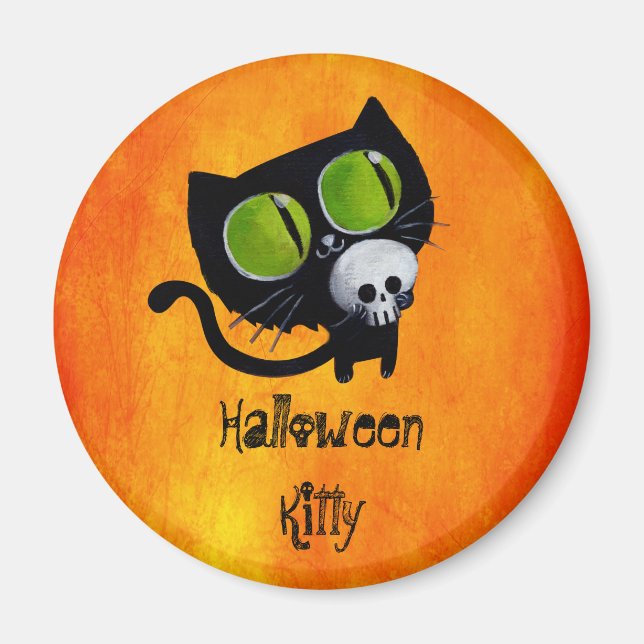 Aimant Chat d'Halloween noir avec crâne (Devant)