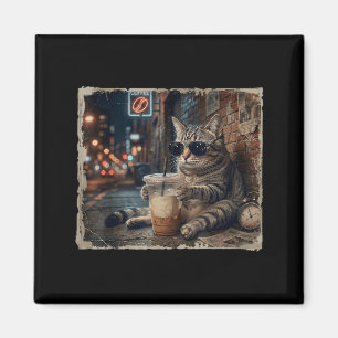 Aimant Chat Drôle Buvant du Café Glacé Mème d'Animal Drôl