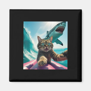 Aimant Chat drôle de surf selfie avec requin mème _1 