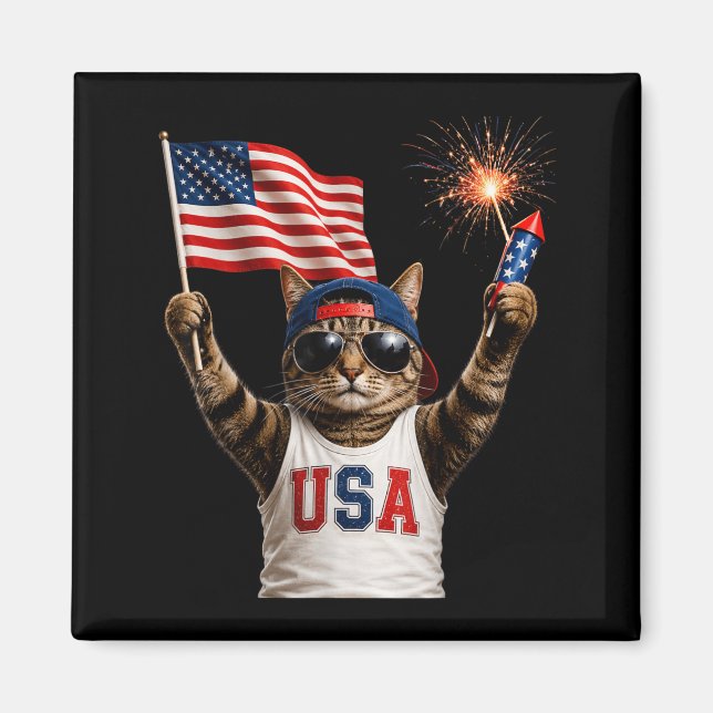 Aimant Chat drôle patriotique drapeau américain feux d'ar (Devant)