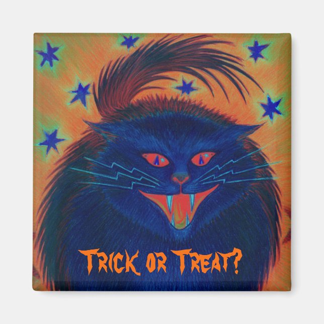 Aimant Chat effrayant bleu 'Des bonbons ou un sort?' aima (Devant)